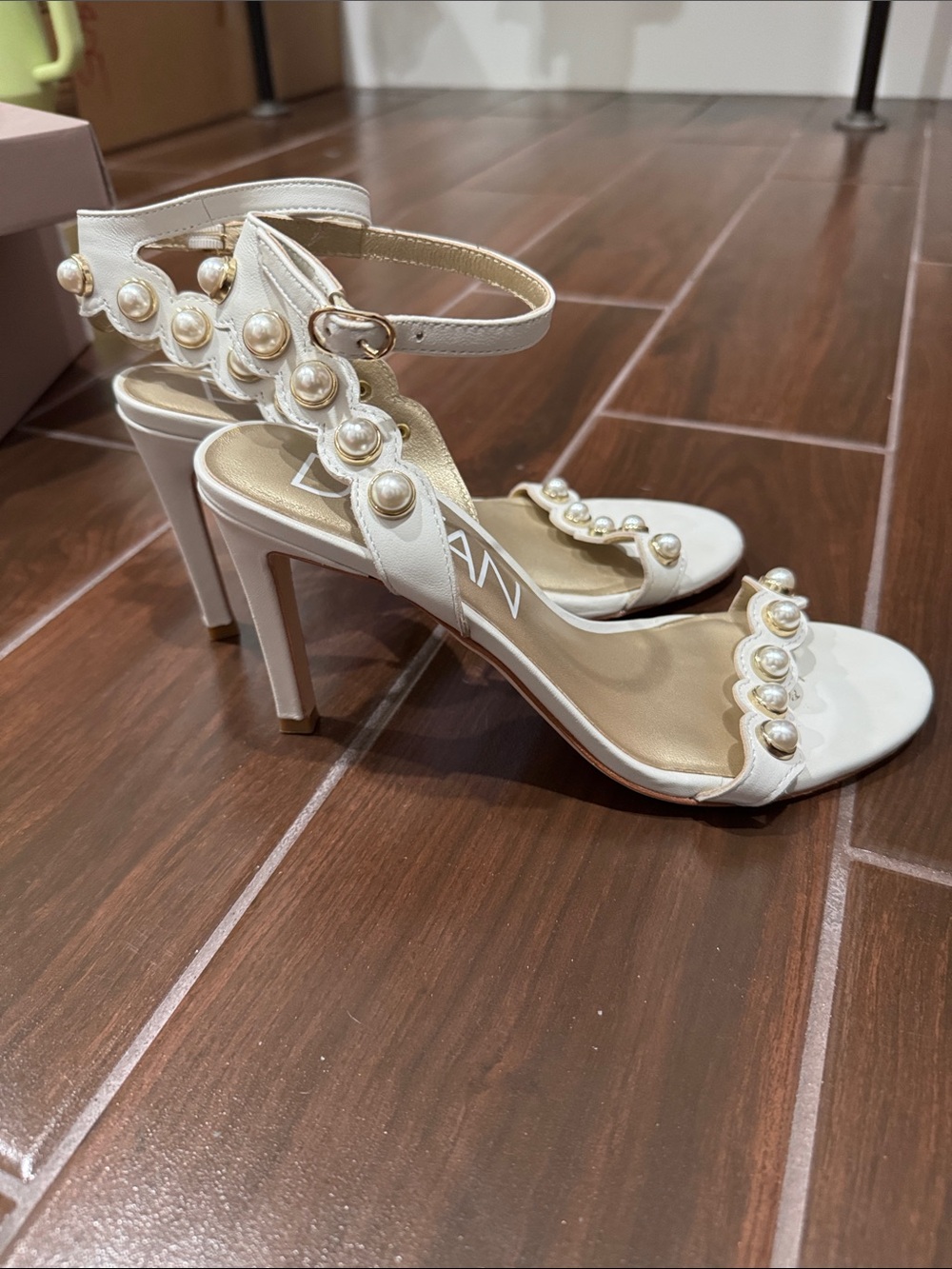 Pearl-Accent White Ankle-Strap Heels for Women